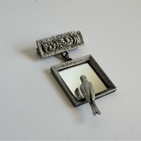 Vintage Bird Mirror Brooch Silver Tone Sparrow Pin Swallow Dove JJ Jonette - Picture 6 of 8